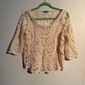 Fairy Lace Sheer Boho Top Medium Blouse Beige Crochet Festival Pointelle